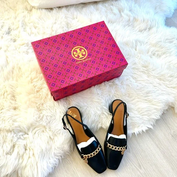 Tory Burch Perfect Black Slingback Loafers with Gold Chain - Picture 2 of 7